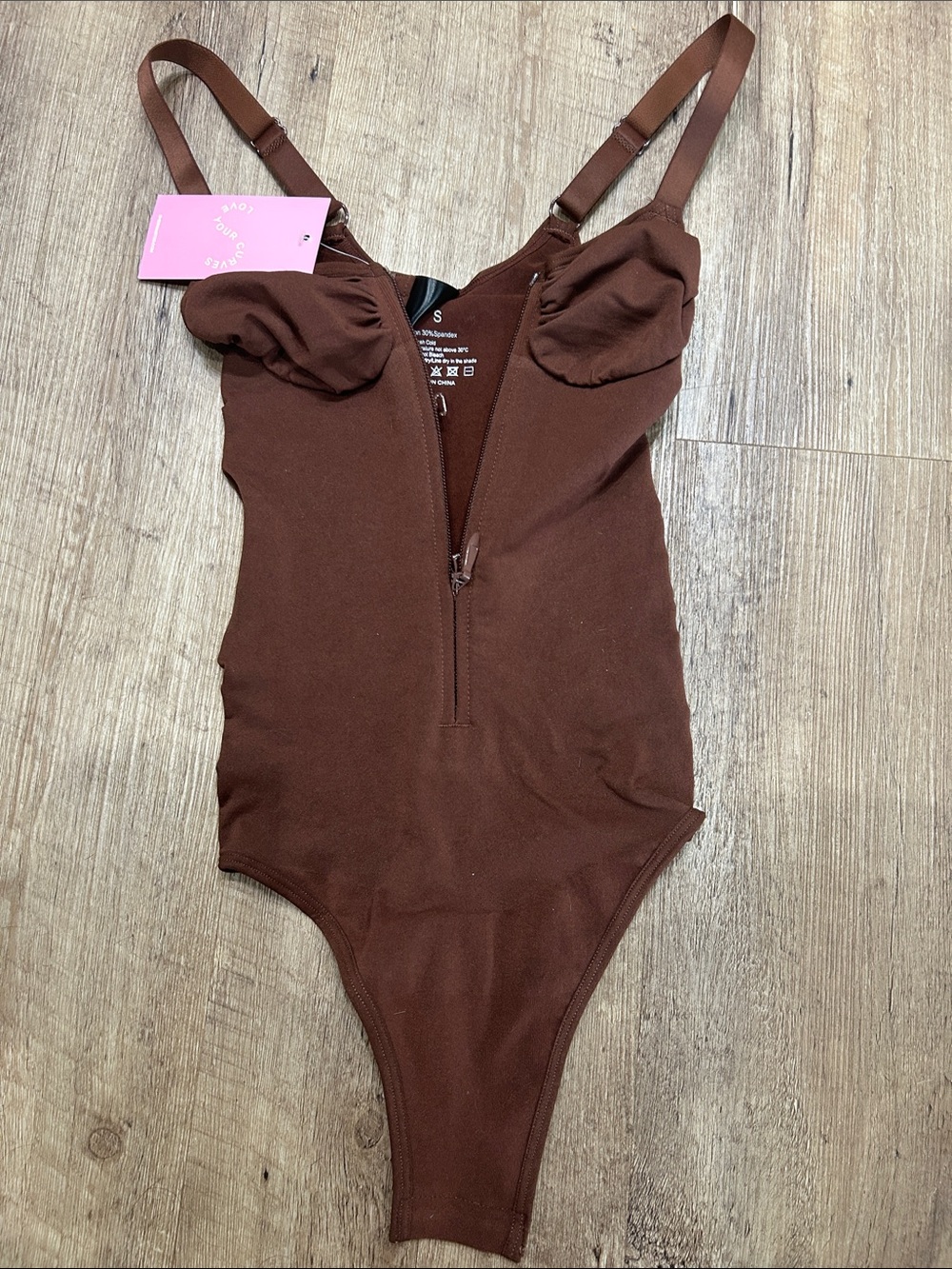 Brown Zipper-Front Shapewear Bodysuit with Adjustable Straps